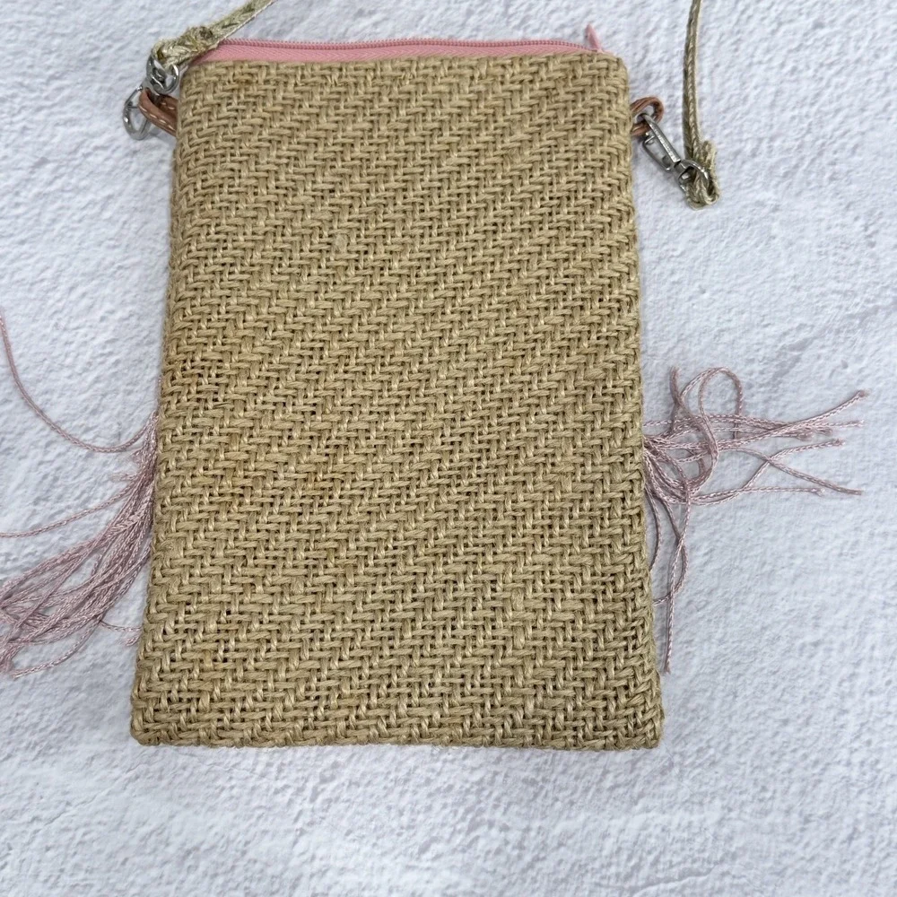 Boho Jute Straw Crossbody Bag‎ Small Pink Crochet Flower Fringe Purse